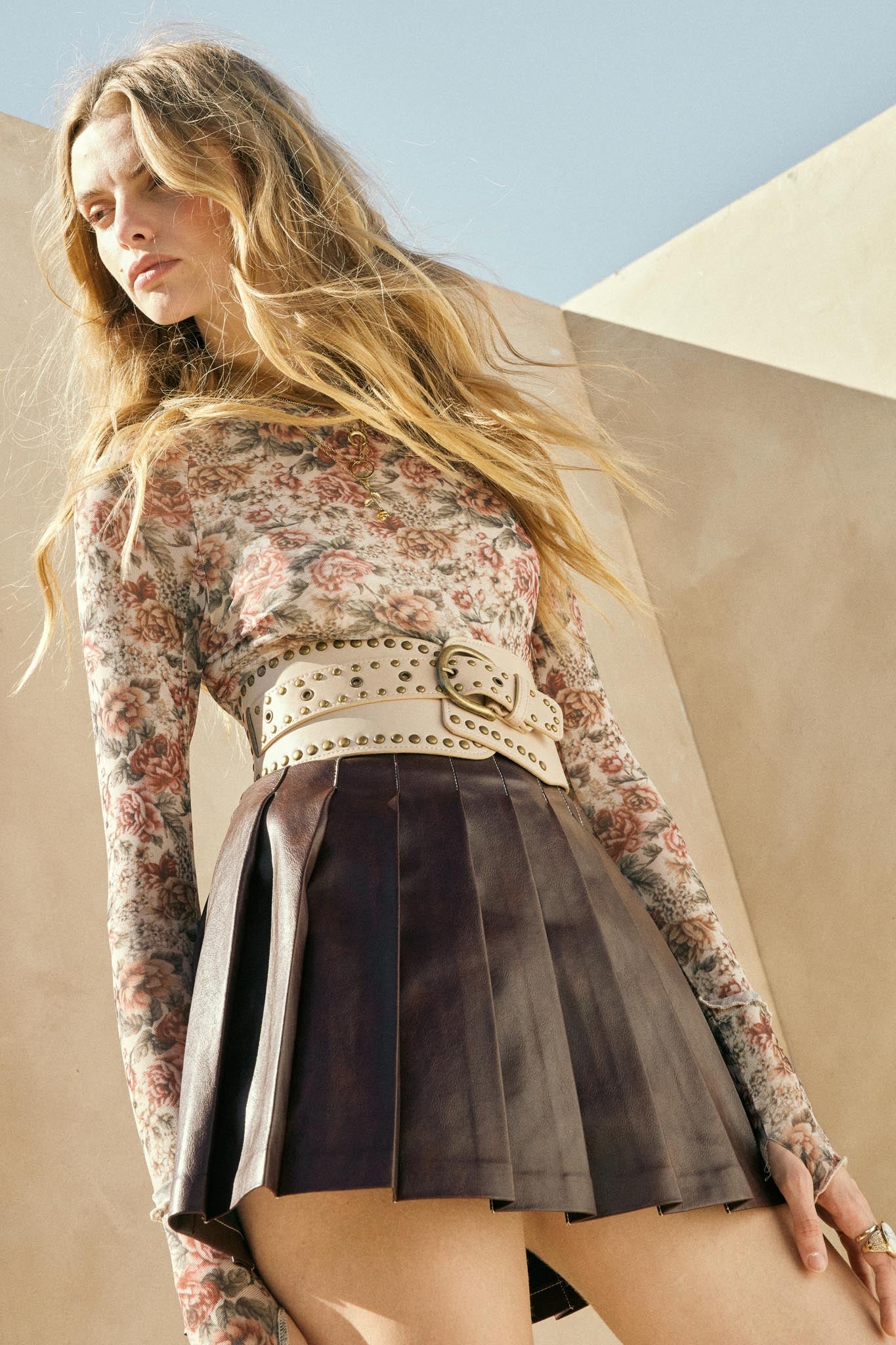 Bed of Roses Floral Mesh Mock-Neck Thumbhole Top