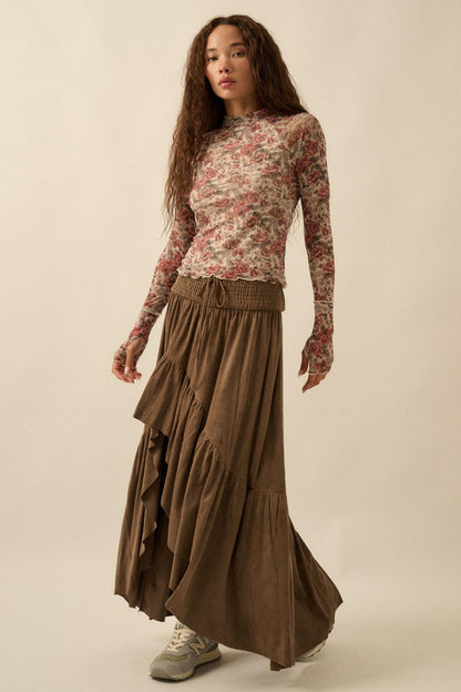 Bed of Roses Floral Mesh Mock-Neck Thumbhole Top