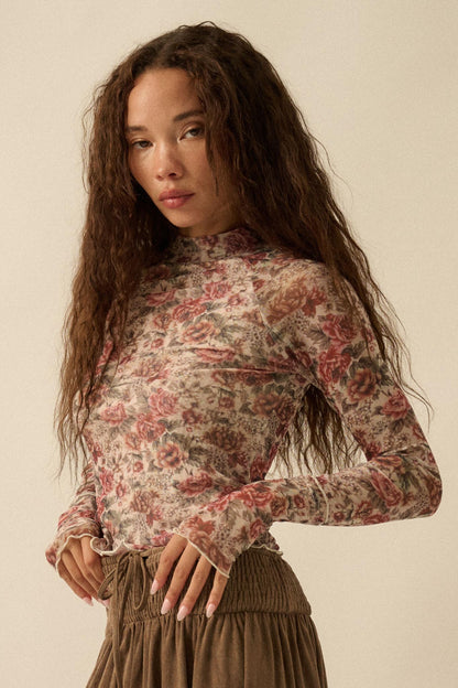 Bed of Roses Floral Mesh Mock-Neck Thumbhole Top