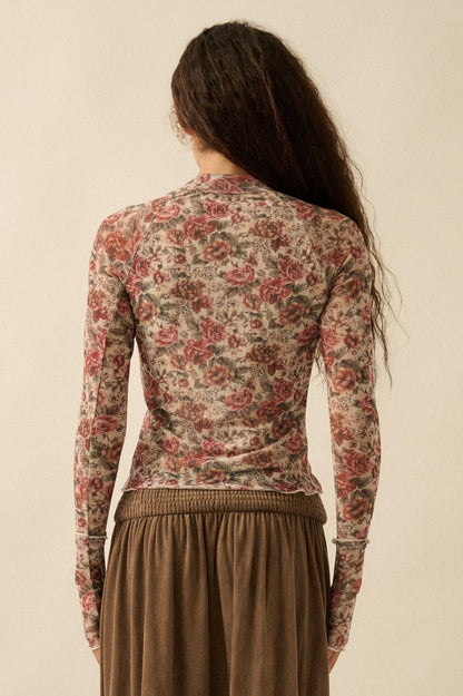 Bed of Roses Floral Mesh Mock-Neck Thumbhole Top