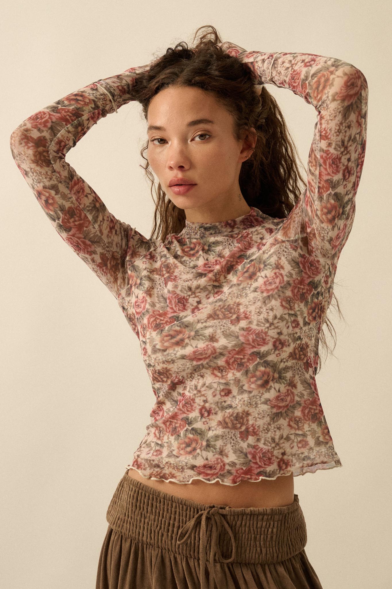 Bed of Roses Floral Mesh Mock-Neck Thumbhole Top