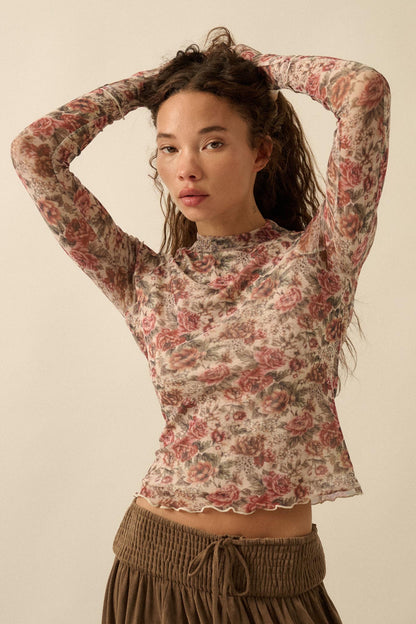 Bed of Roses Floral Mesh Mock-Neck Thumbhole Top