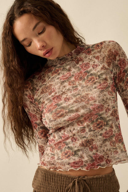 Bed of Roses Floral Mesh Mock-Neck Thumbhole Top