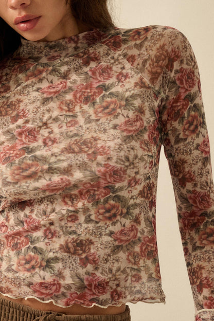 Bed of Roses Floral Mesh Mock-Neck Thumbhole Top