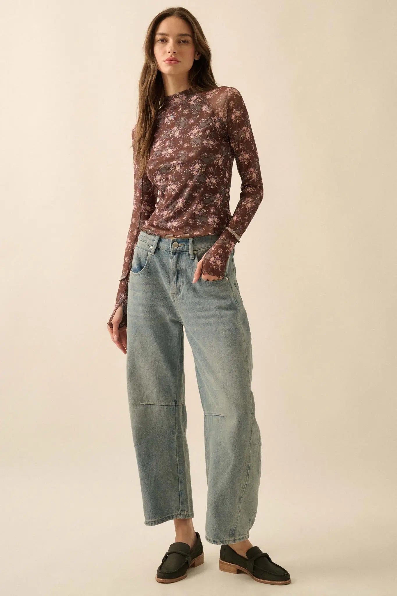 Full Flower Floral Mesh Mock-Neck Thumbhole Top