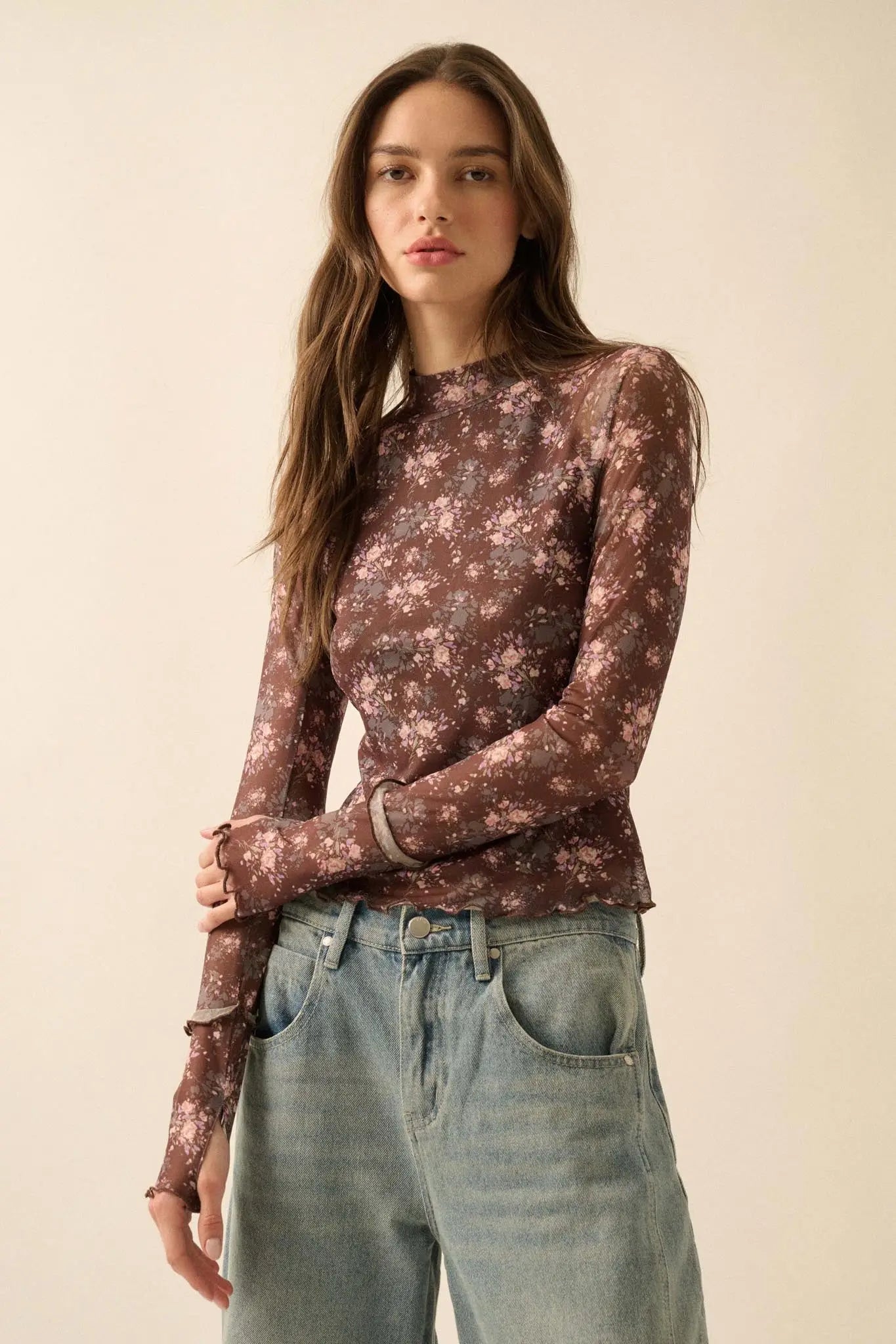 Full Flower Floral Mesh Mock-Neck Thumbhole Top
