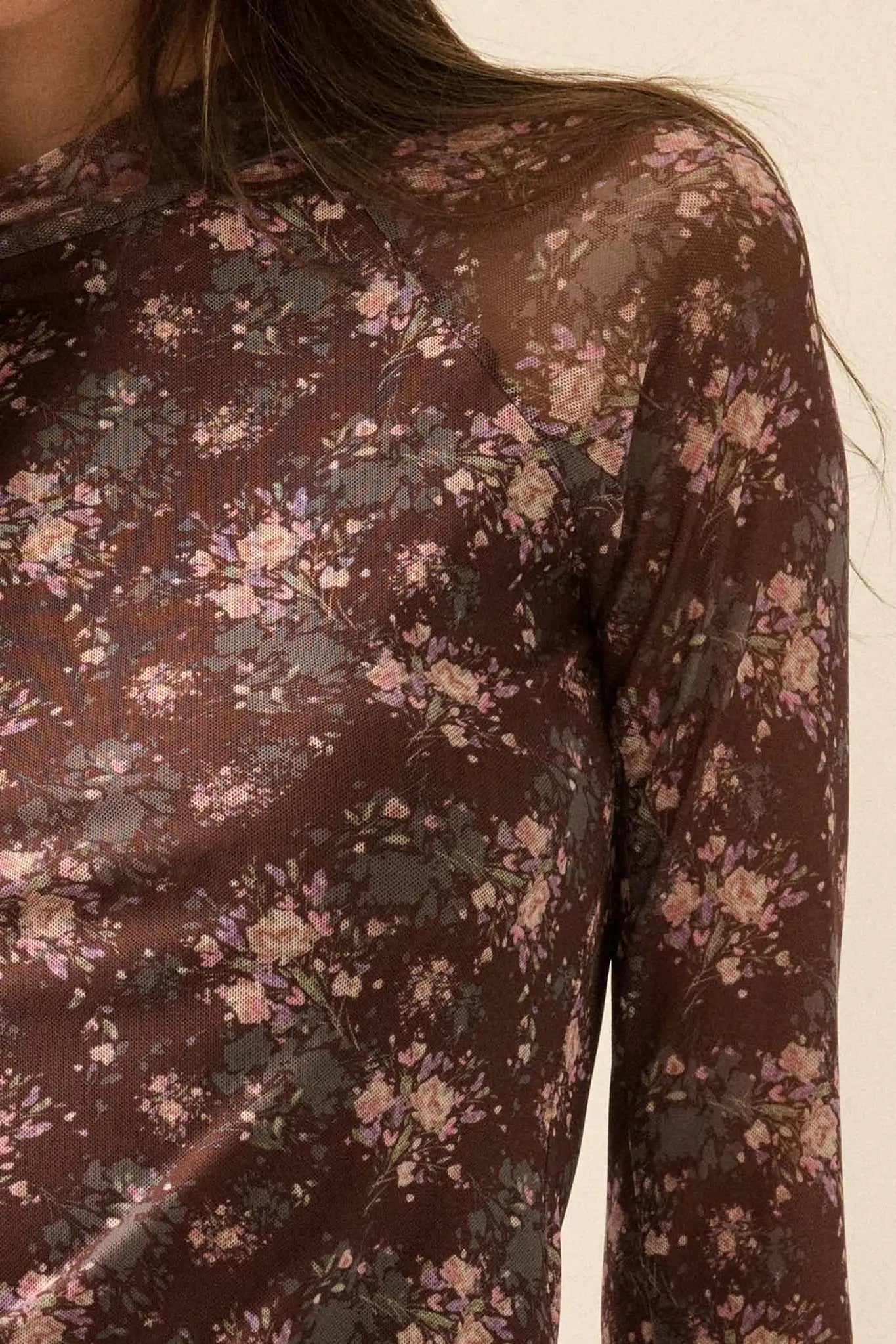 Full Flower Floral Mesh Mock-Neck Thumbhole Top