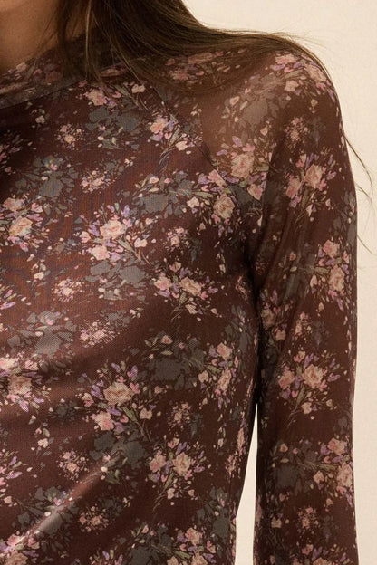 Full Flower Floral Mesh Mock-Neck Thumbhole Top