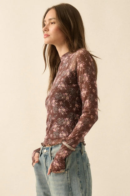 Full Flower Floral Mesh Mock-Neck Thumbhole Top