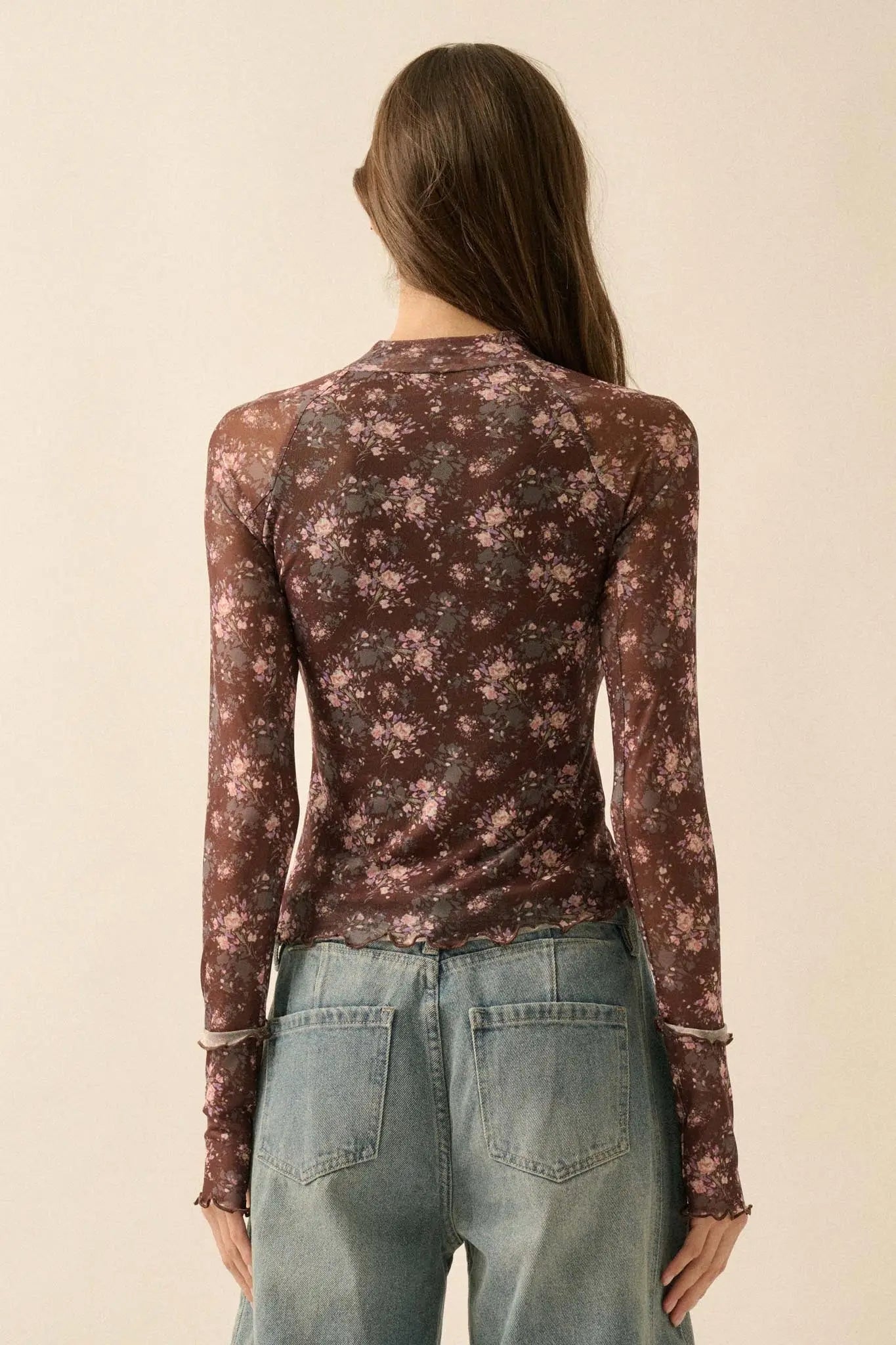 Full Flower Floral Mesh Mock-Neck Thumbhole Top