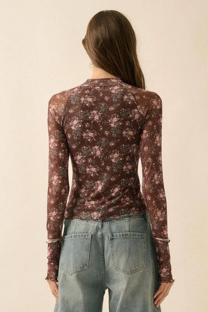 Full Flower Floral Mesh Mock-Neck Thumbhole Top