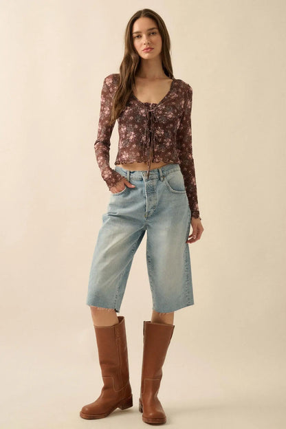 Flowering Free Floral Mesh Layered Tie-Front Top