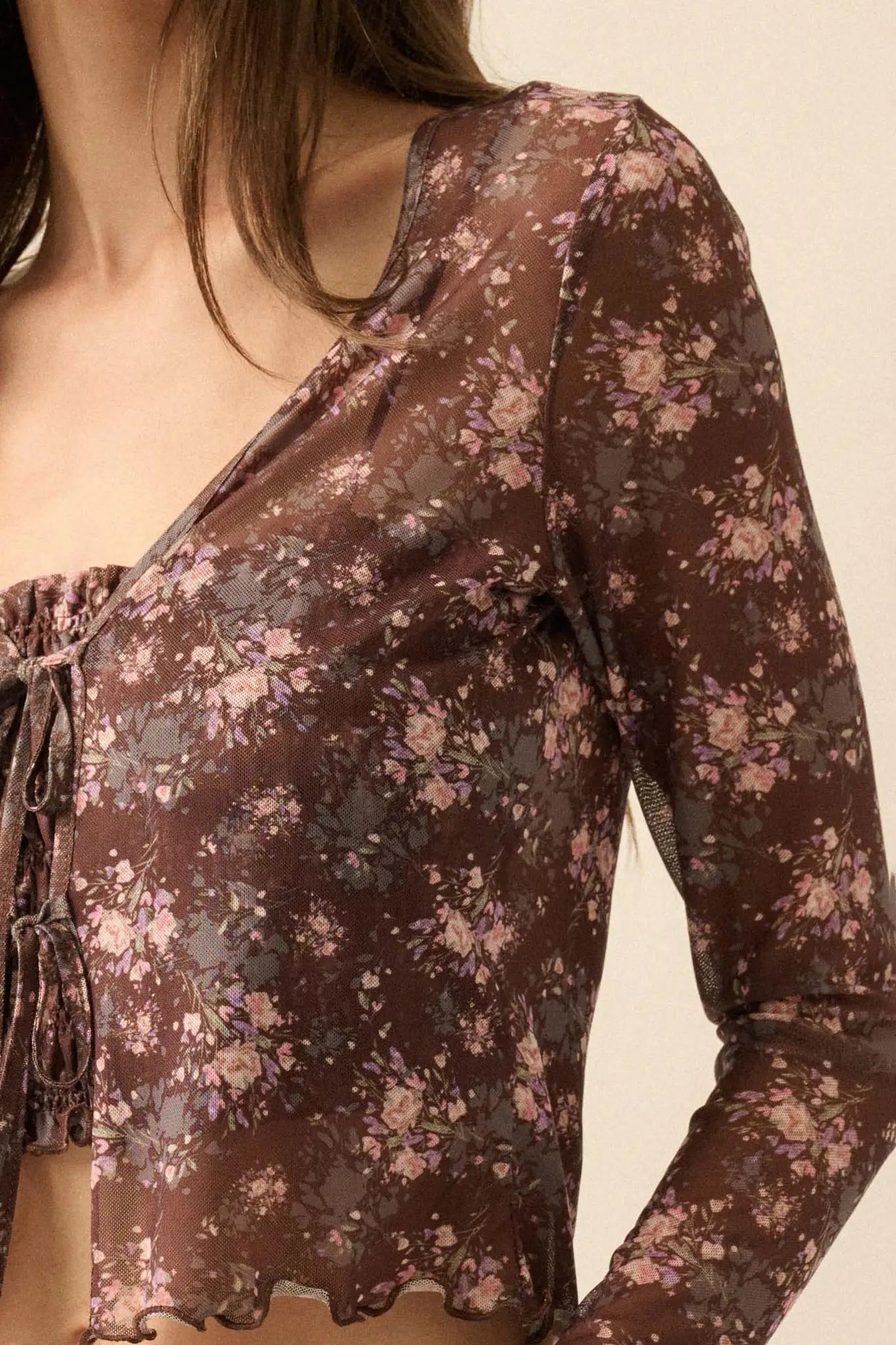 Flowering Free Floral Mesh Layered Tie-Front Top