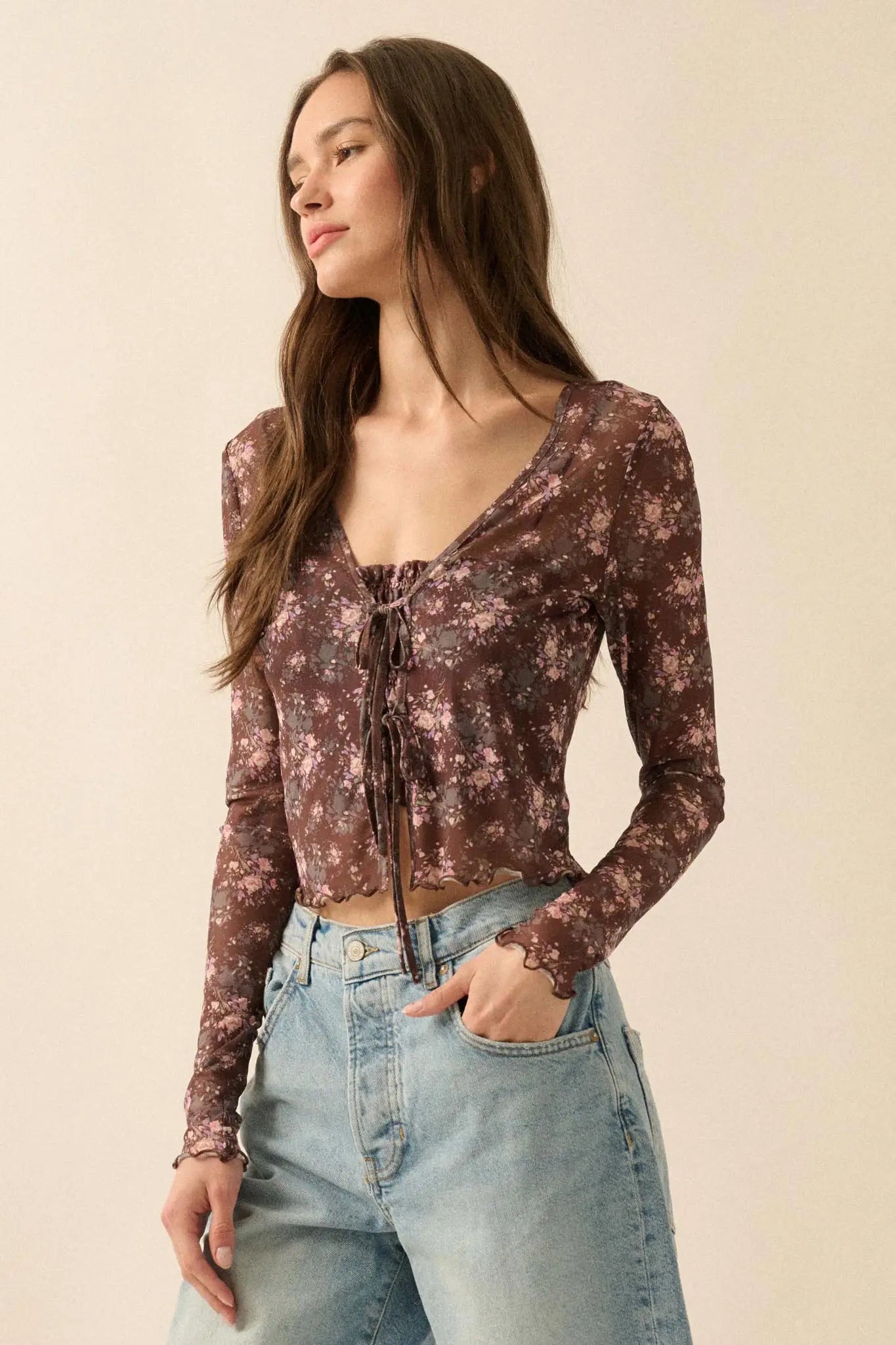 Flowering Free Floral Mesh Layered Tie-Front Top