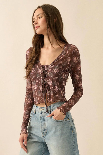 Flowering Free Floral Mesh Layered Tie-Front Top