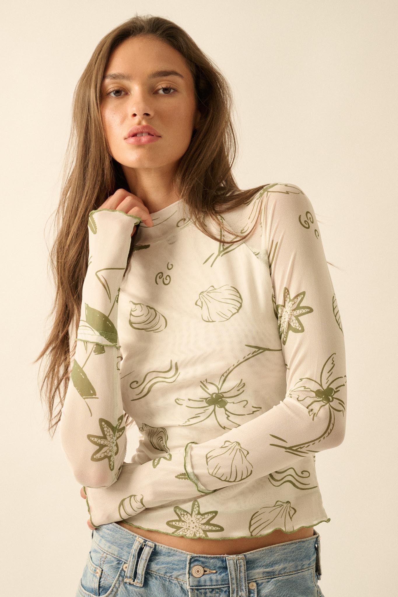 Sea You Later Nautical Mesh Layered Tie-Front Top