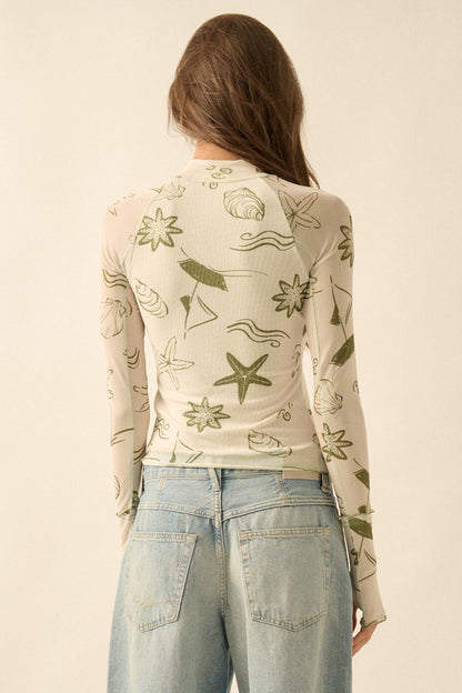 Sea You Later Nautical Mesh Layered Tie-Front Top