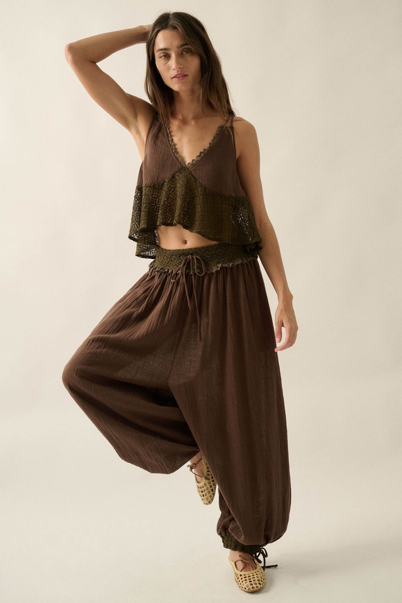 Free Falling Cotton and Lace Babydoll Cami Top