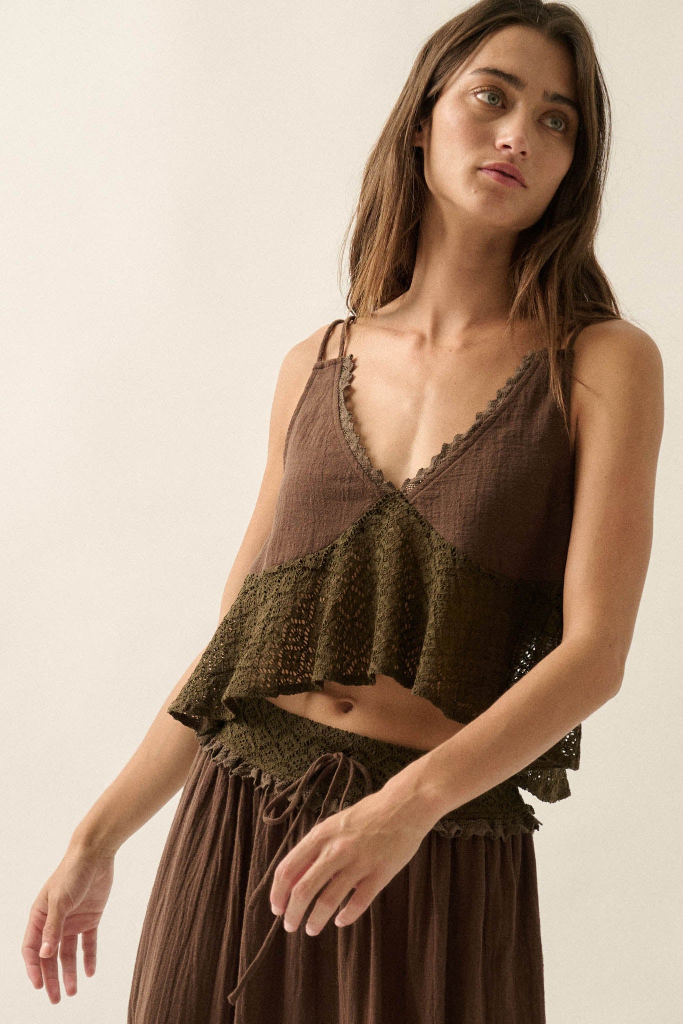 Free Falling Cotton and Lace Babydoll Cami Top