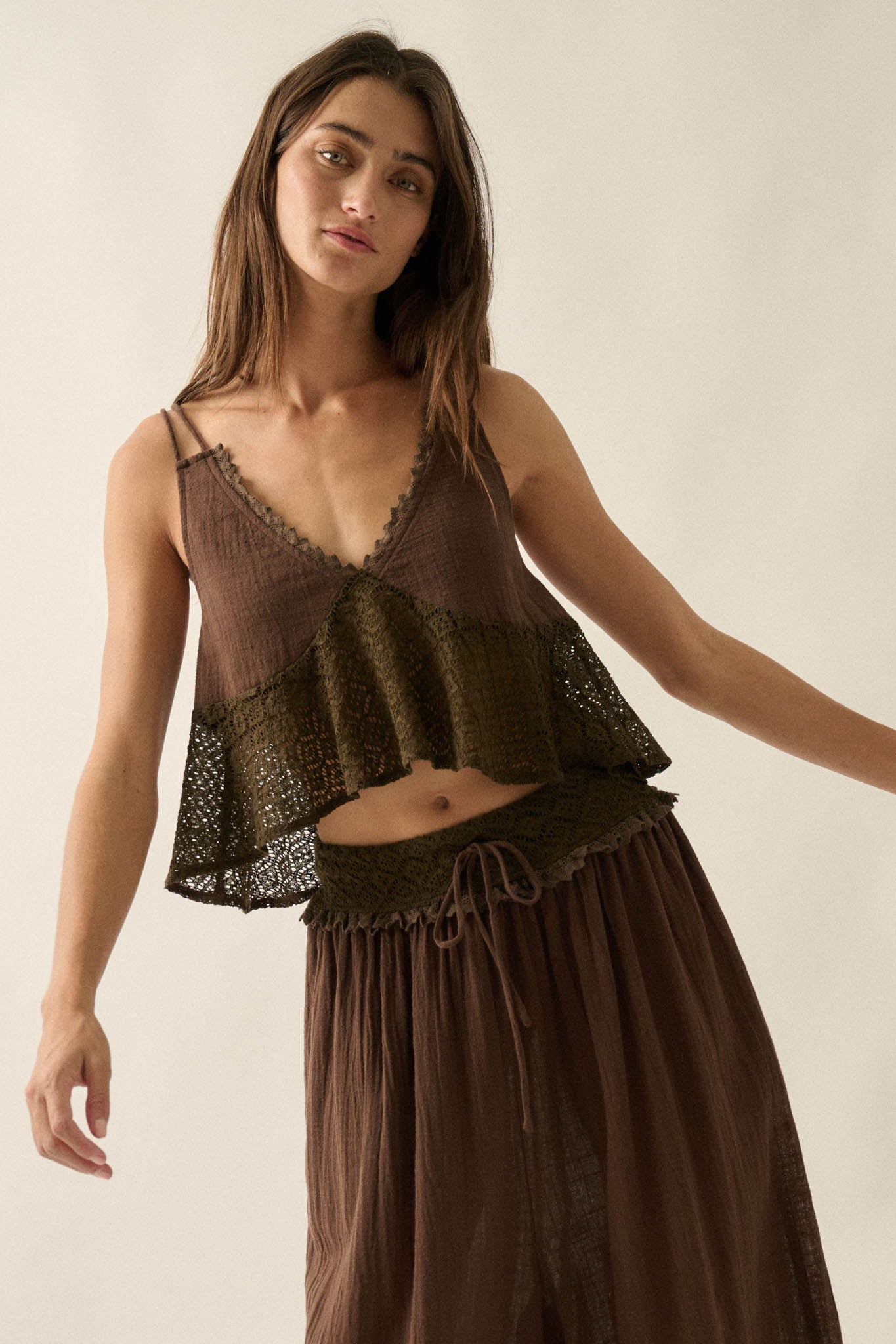 Free Falling Cotton and Lace Babydoll Cami Top