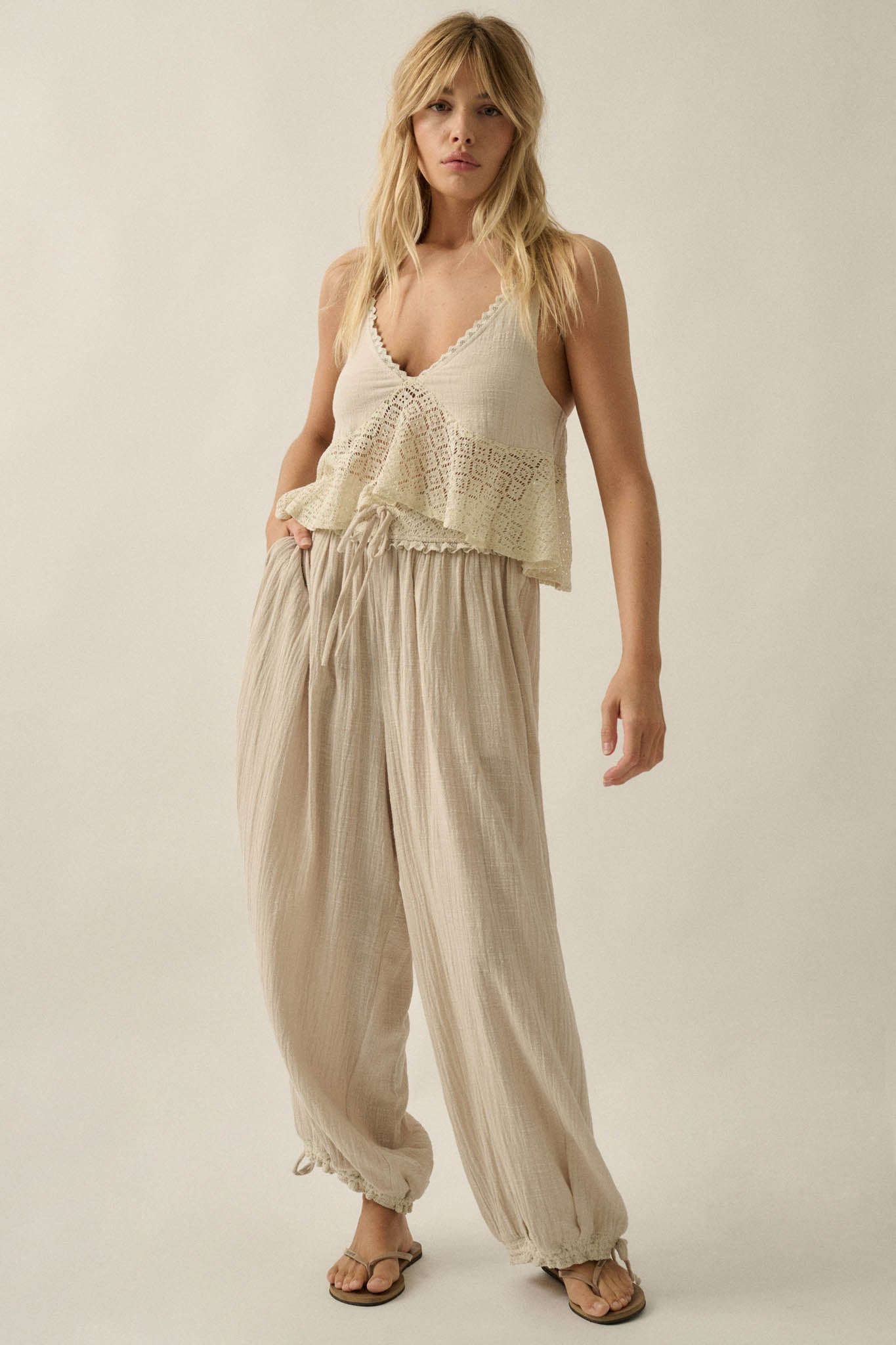 Free Falling Cotton and Lace Babydoll Cami Top