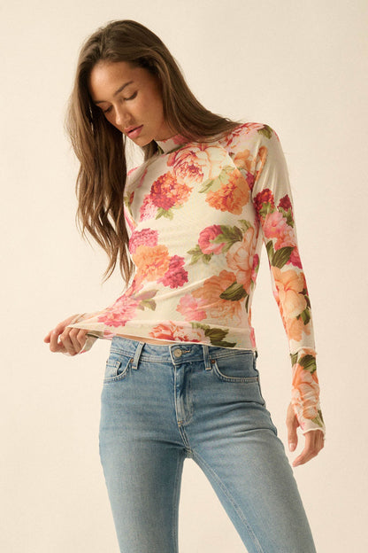 Garden Breeze Floral Mesh Mock-Neck Thumbhole Top