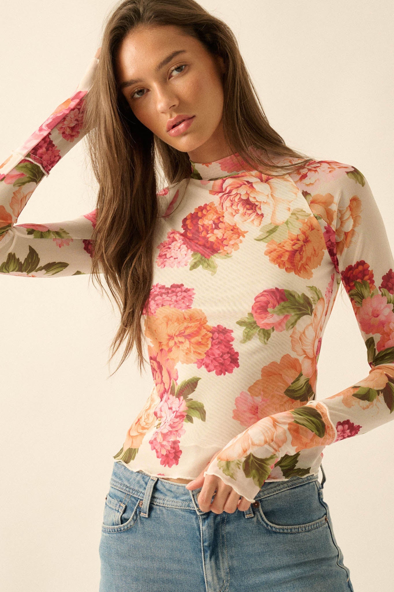 Garden Breeze Floral Mesh Mock-Neck Thumbhole Top
