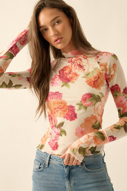 Garden Breeze Floral Mesh Mock-Neck Thumbhole Top