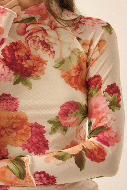 Garden Breeze Floral Mesh Mock-Neck Thumbhole Top