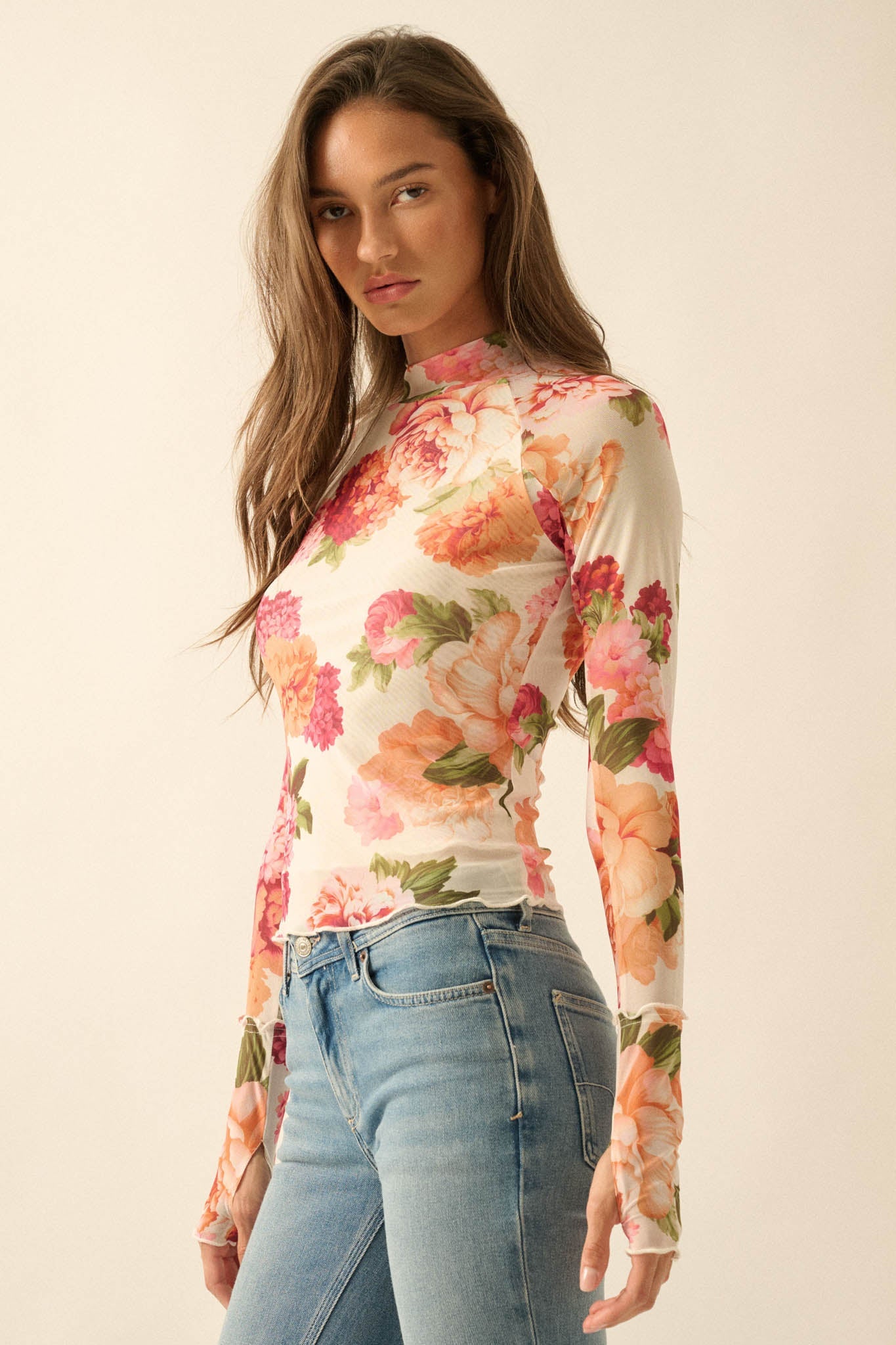 Garden Breeze Floral Mesh Mock-Neck Thumbhole Top