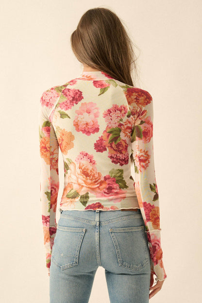 Garden Breeze Floral Mesh Mock-Neck Thumbhole Top