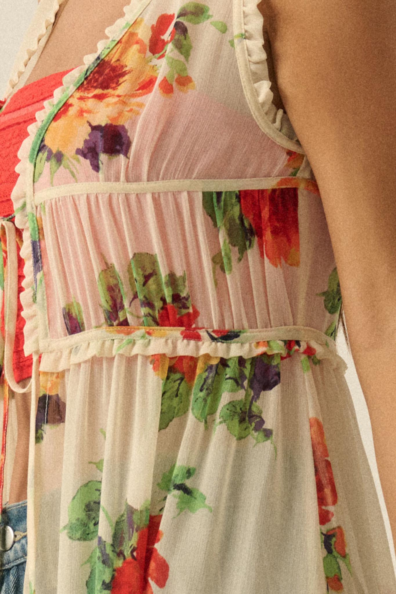 Enchanted Meadow Floral Chiffon Tie-Front Maxi Top