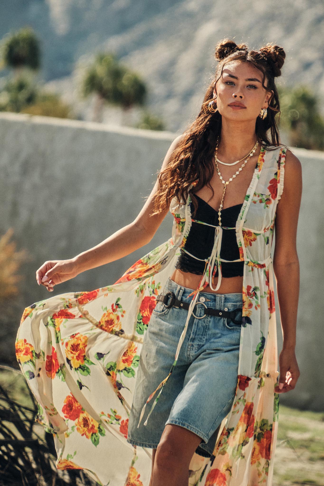 Enchanted Meadow Floral Chiffon Tie-Front Maxi Top