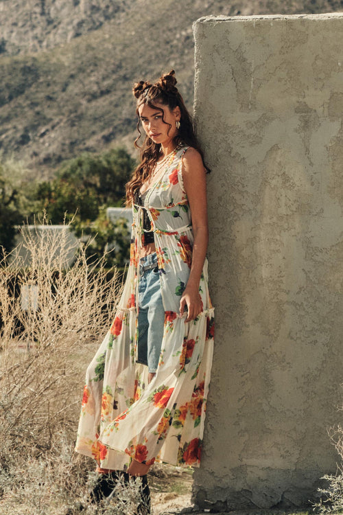 Enchanted Meadow Floral Chiffon Tie-Front Maxi Top