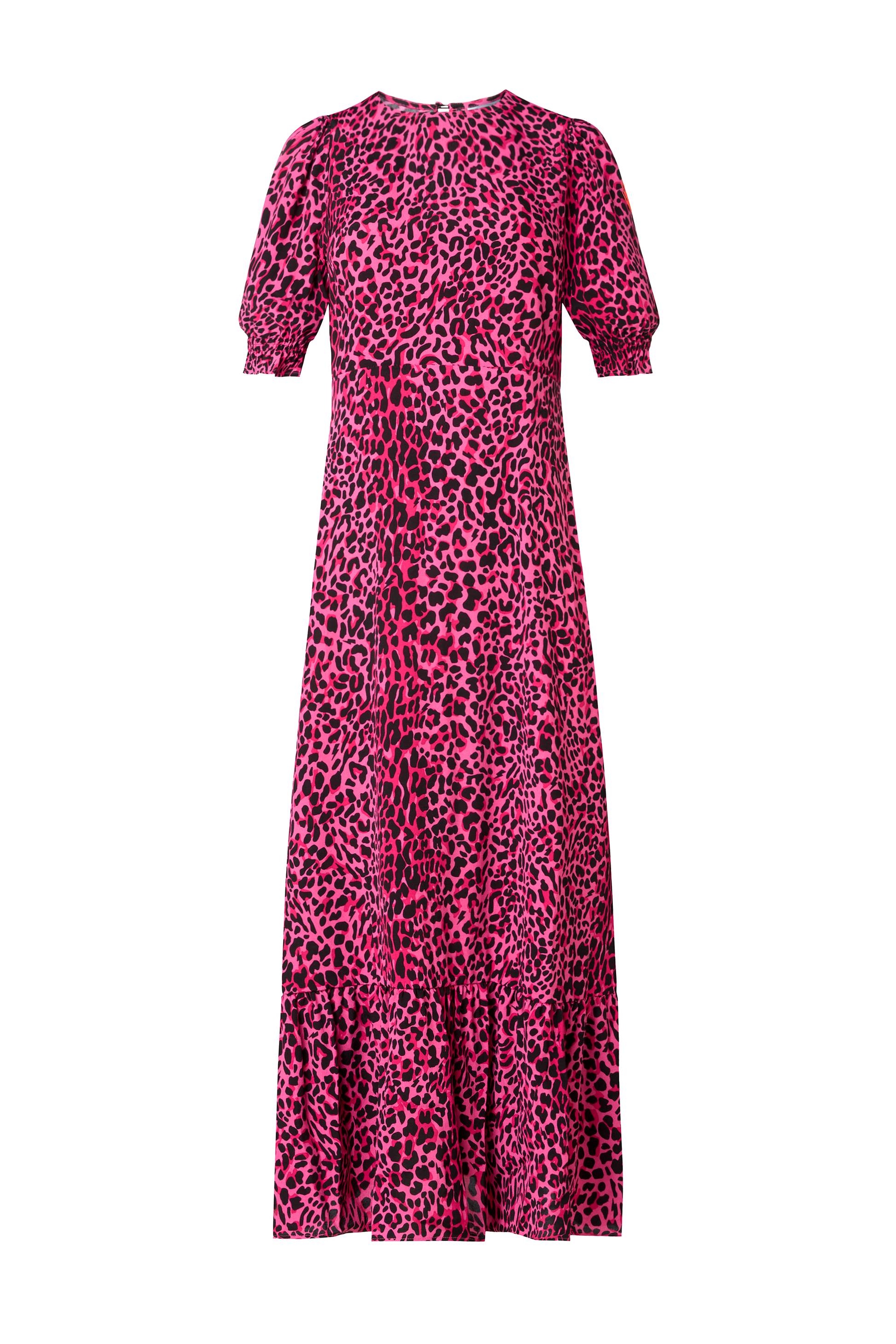 Pink with Black Leopard Flute Sleeve Midi Dress