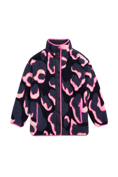 Navy & Pink Shadow Leopard Print Fleece Jacket