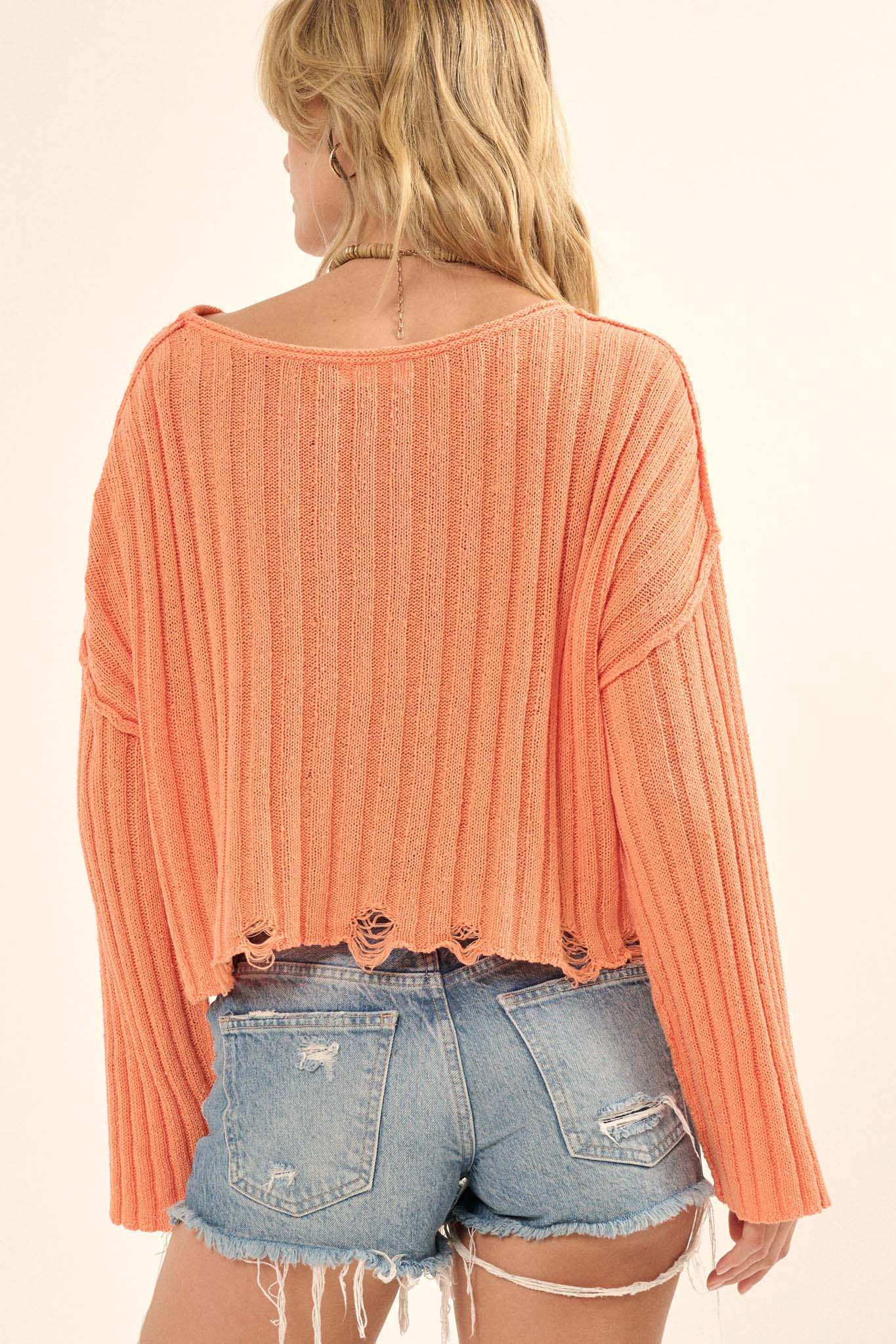 Mad Love Distressed Ribbed Knit Sweater