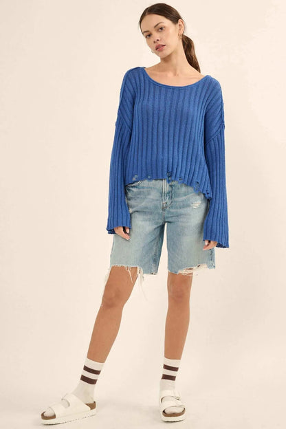 Mad Love Distressed Ribbed Knit Sweater