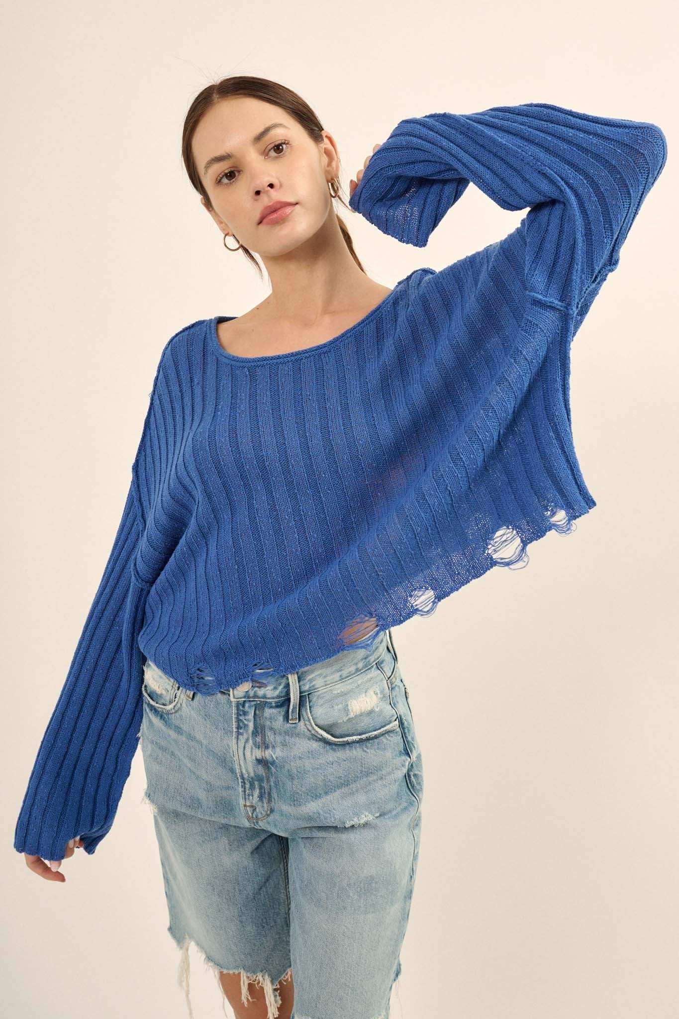 Mad Love Distressed Ribbed Knit Sweater