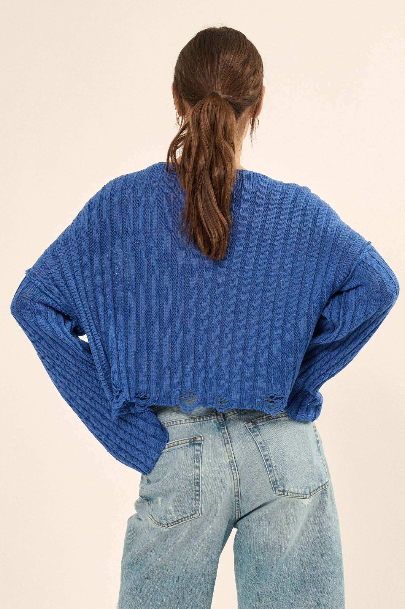Mad Love Distressed Ribbed Knit Sweater
