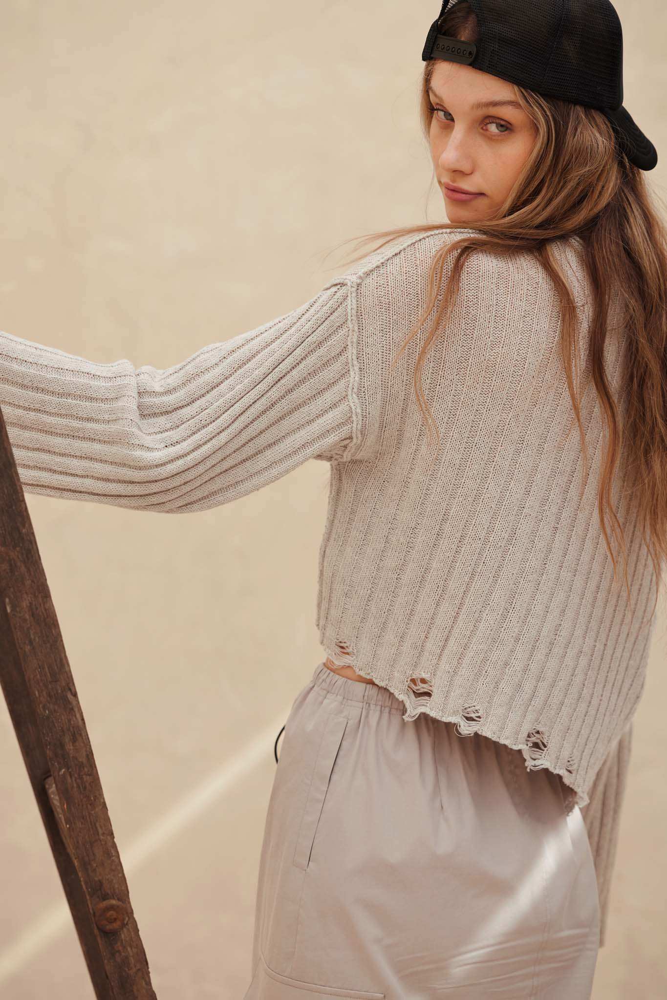 Mad Love Distressed Ribbed Knit Sweater