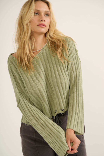Mad Love Distressed Ribbed Knit Sweater