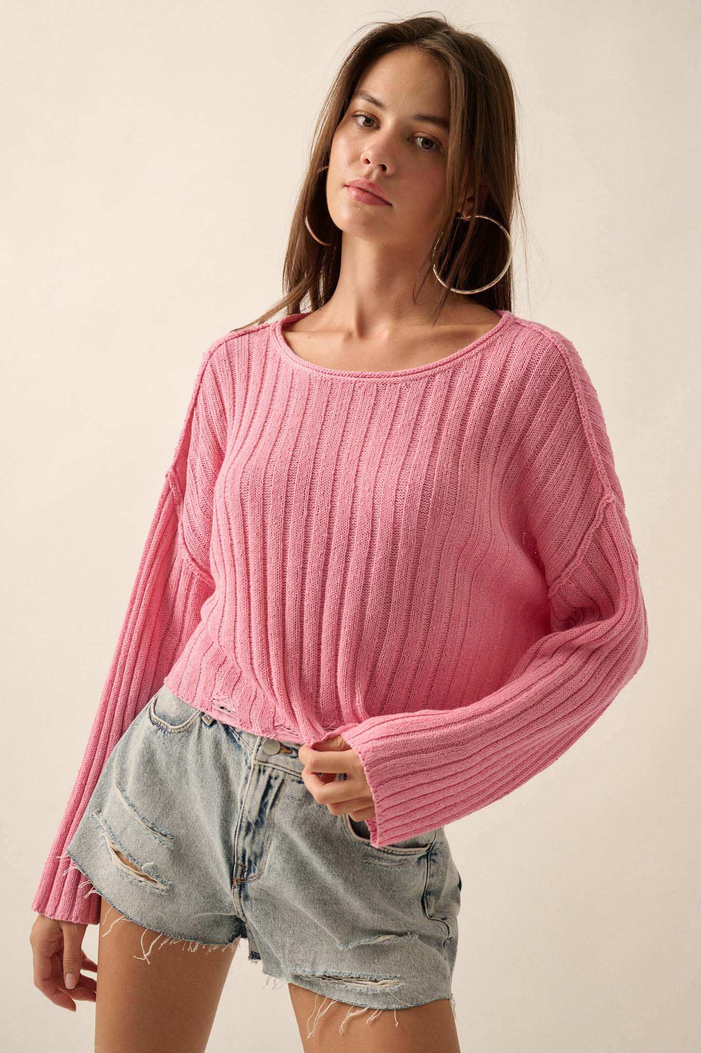Mad Love Distressed Ribbed Knit Sweater