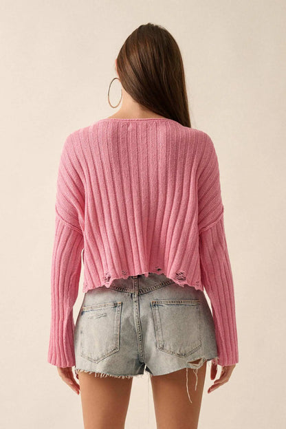 Mad Love Distressed Ribbed Knit Sweater