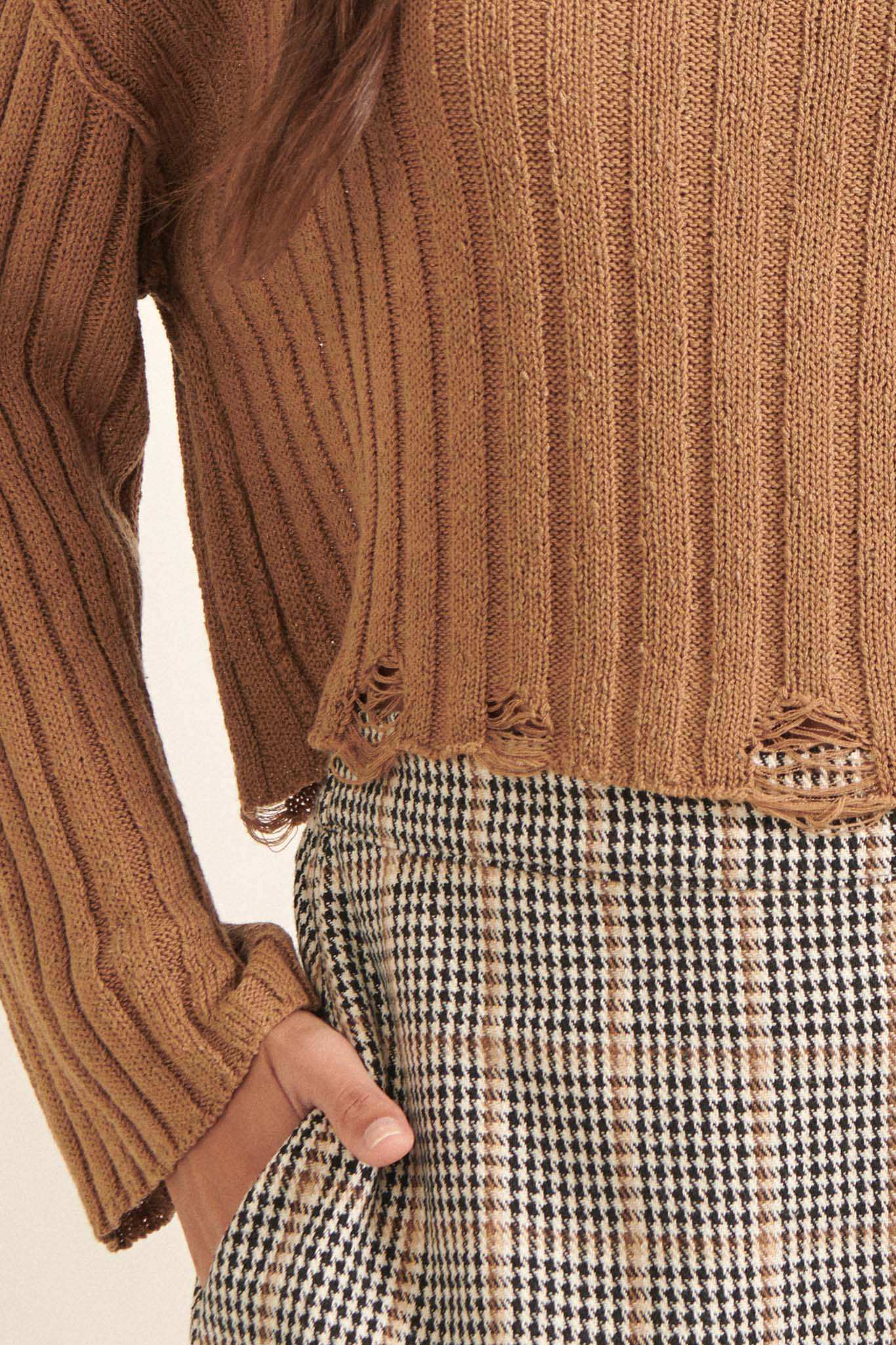 Mad Love Distressed Ribbed Knit Sweater