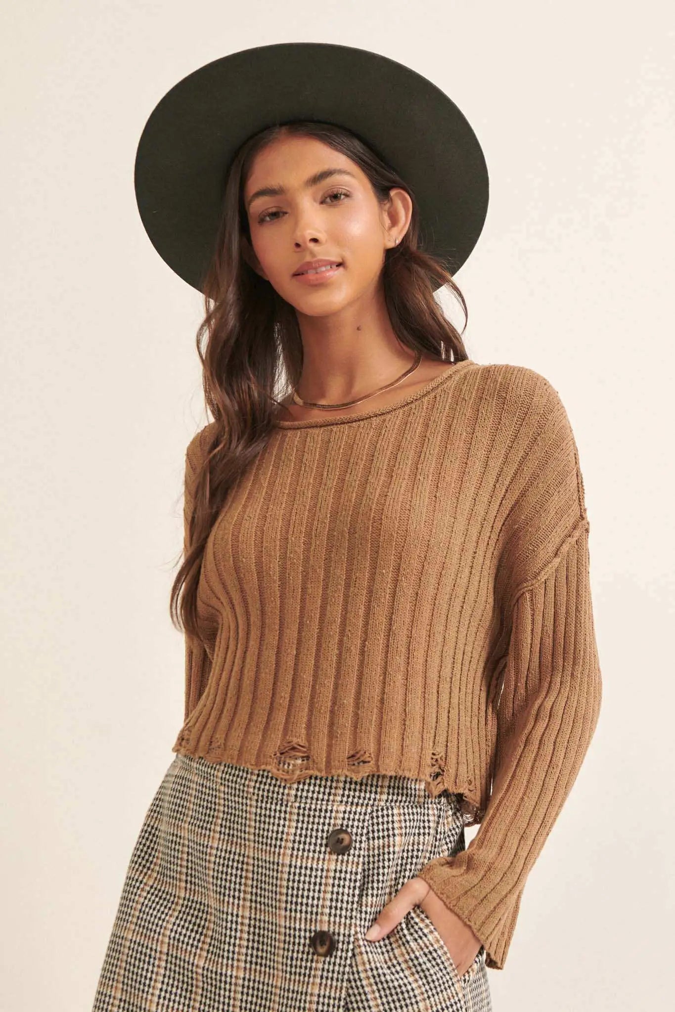 Mad Love Distressed Ribbed Knit Sweater