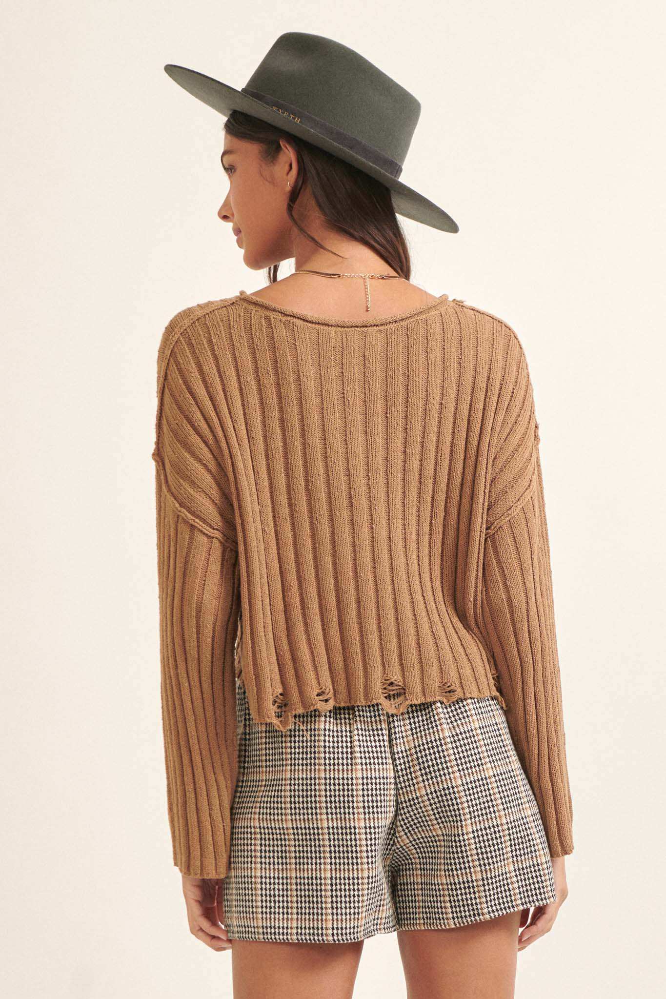 Mad Love Distressed Ribbed Knit Sweater