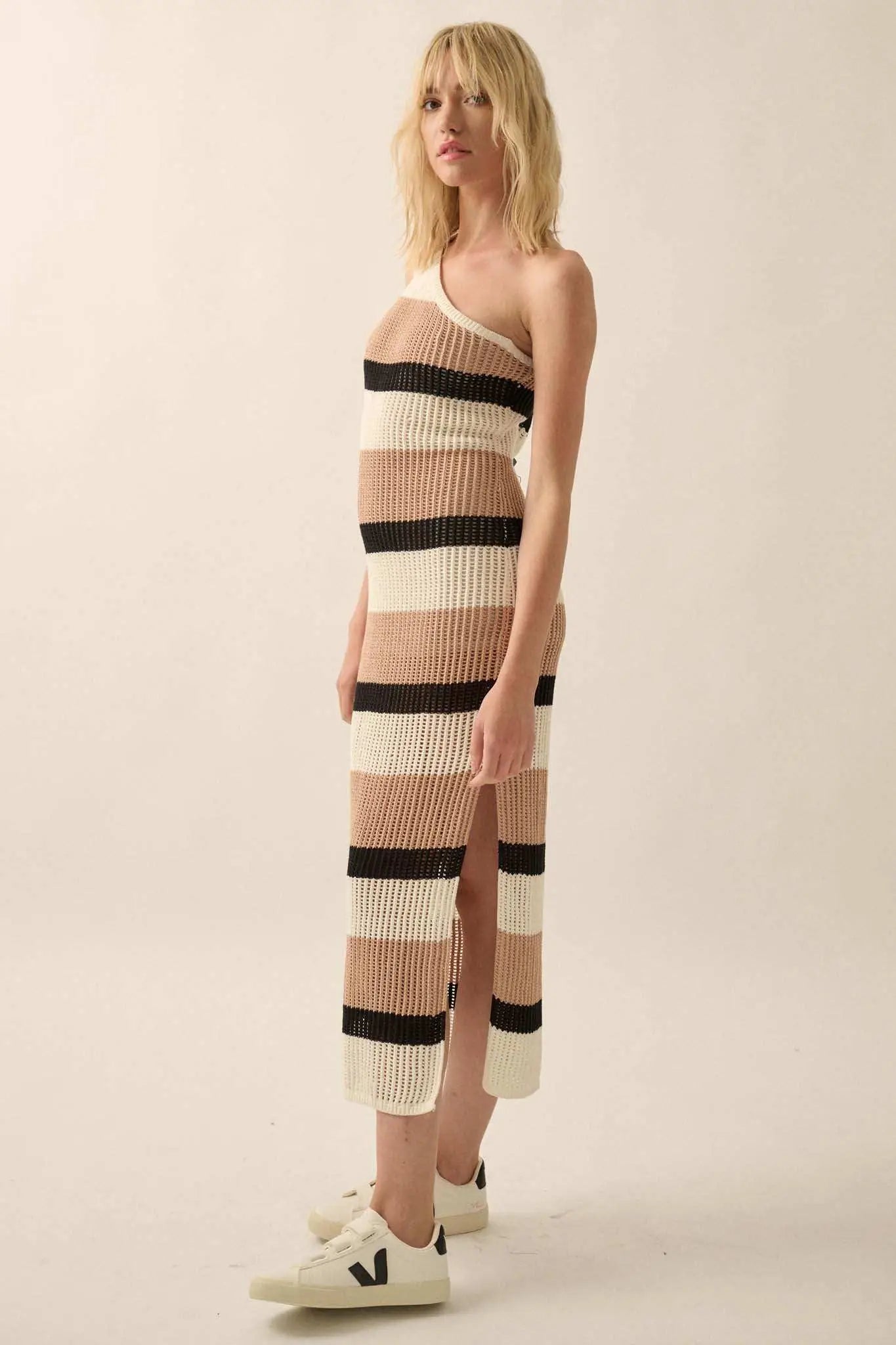 Crochet Bae Striped Knit Asymmetrical Midi Dress