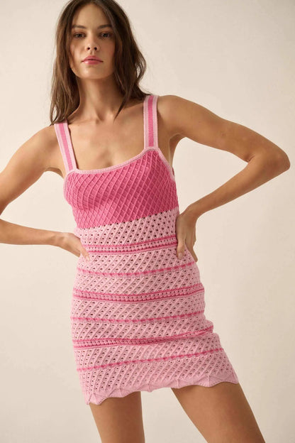 Cali Breeze Striped Crochet Knit Mini Dress