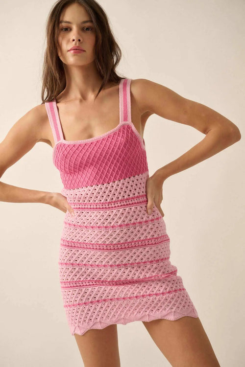 Cali Breeze Striped Crochet Knit Mini Dress